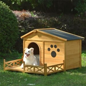 48" Wooden Outdoor Dog House with Porch – Water‑Resistant Roof & Fenced Lounge